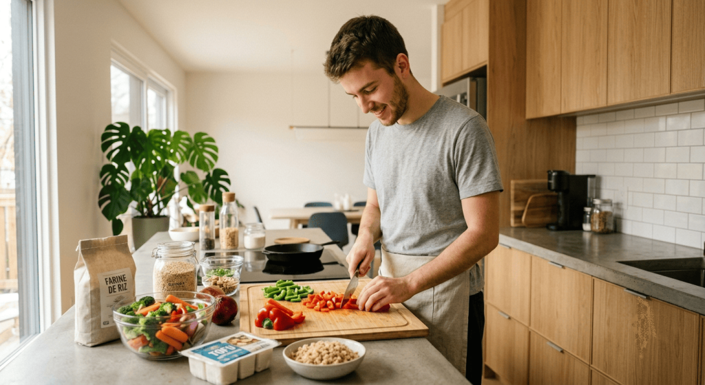 Personne préparant un repas vegan sans gluten dans une cuisine avec légumes frais, tofu et céréales.