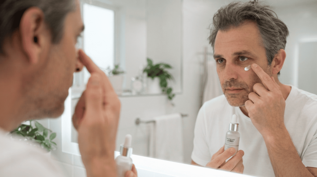 Homme appliquant un soin contour des yeux après une journée de travail devant un écran.