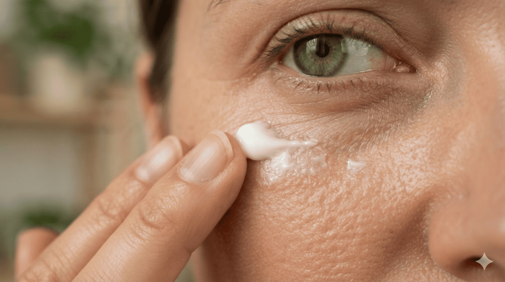 Gros plan sur l'application d'un soin contour des yeux sur une peau naturelle.