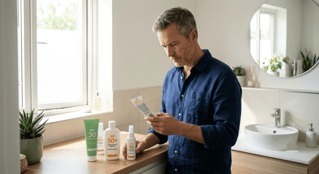 Un homme compare plusieurs crèmes solaires vegan en lisant les informations présentes sur leurs emballages dans une salle de bain lumineuse.