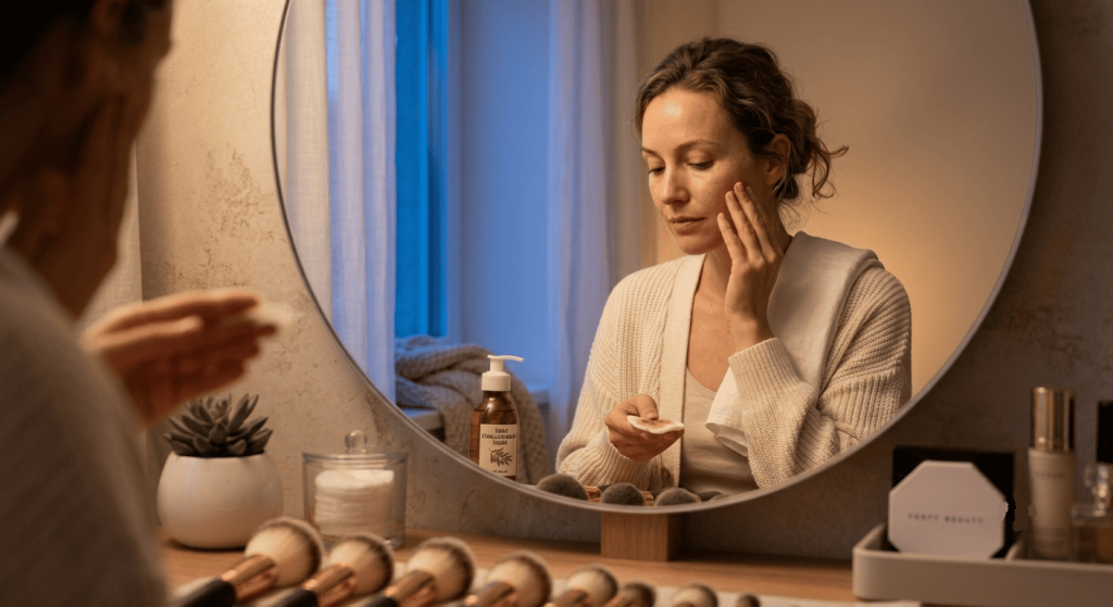 Femme utilisant une huile démaquillante vegan dans sa routine du soir.