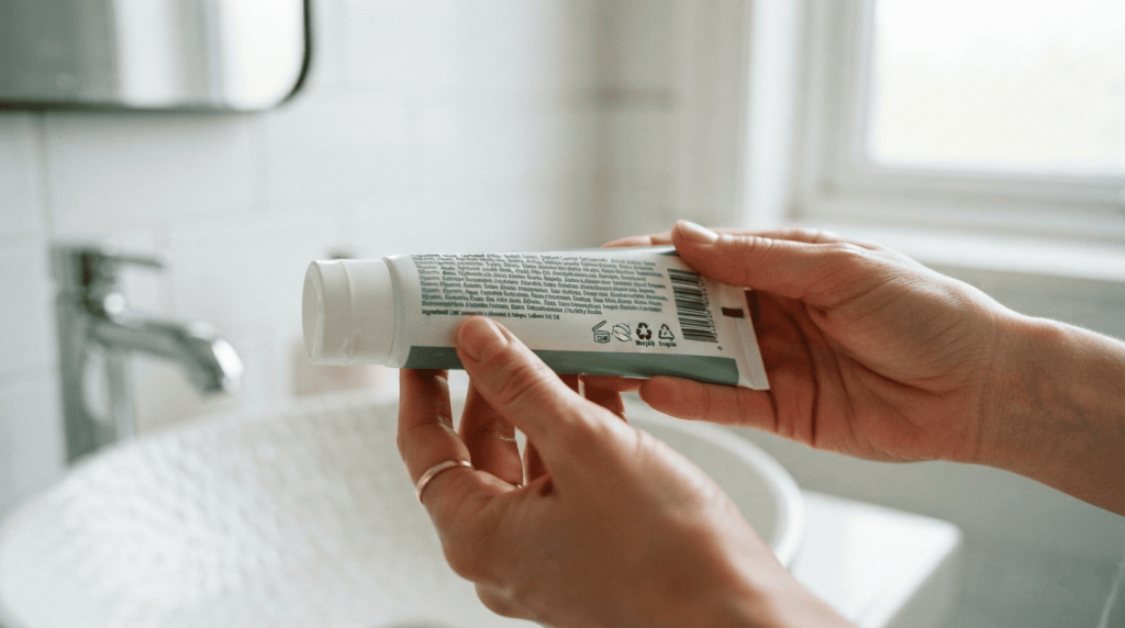 Une personne lit la composition d'un dentifrice vegan avant son utilisation dans une salle de bain.