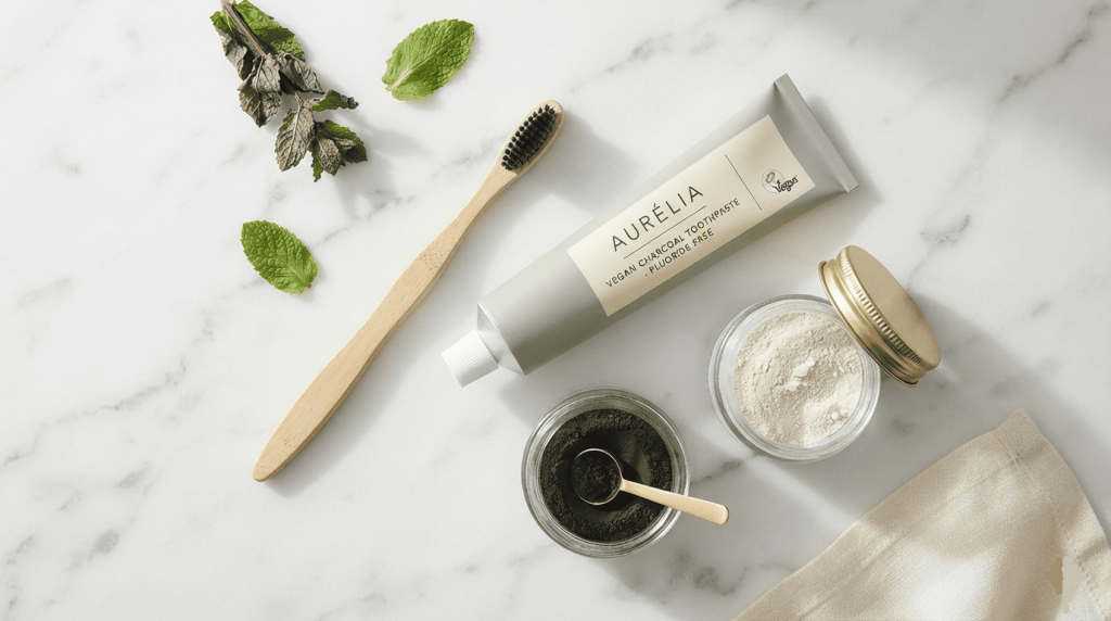 Un dentifrice vegan accompagné d'une brosse à dents en bambou et d'ingrédients naturels sur un plan de travail en marbre.