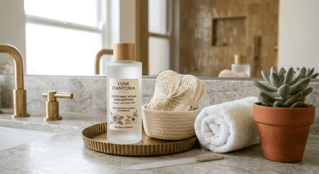 Flacon de dissolvant vegan sans acétone accompagné de cotons lavables.
