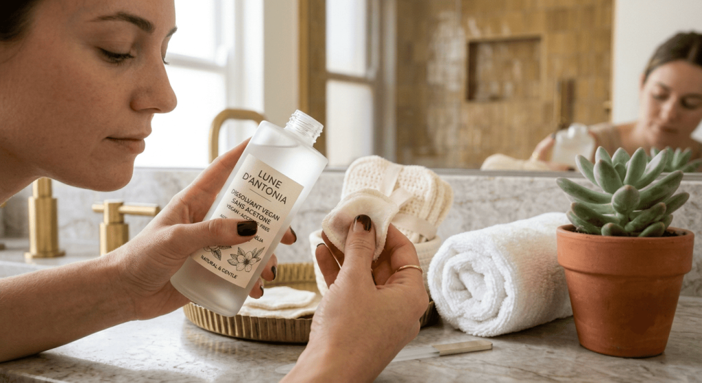 Femme retirant son vernis à l'aide d'un dissolvant vegan sans acétone.