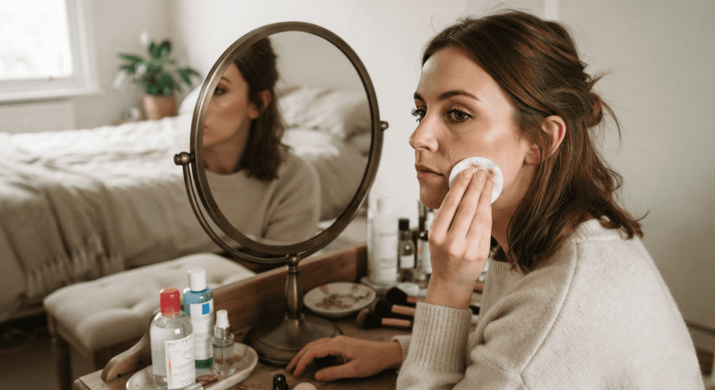 Femme retirant son maquillage avec un coton imbibé d'eau micellaire vegan.