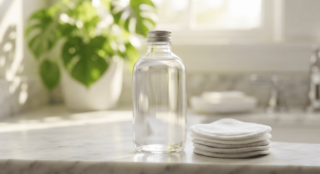 Flacon d'eau micellaire vegan posé à côté de cotons réutilisables dans une salle de bain.
