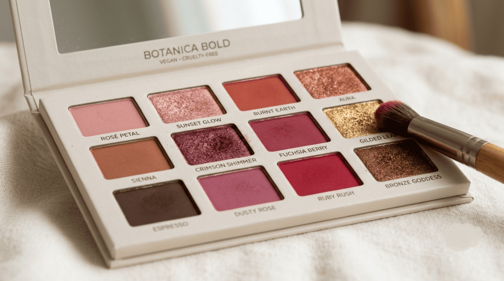 Palette de fards à paupières vegan aux teintes rouges, roses et dorées avec un pinceau de maquillage.