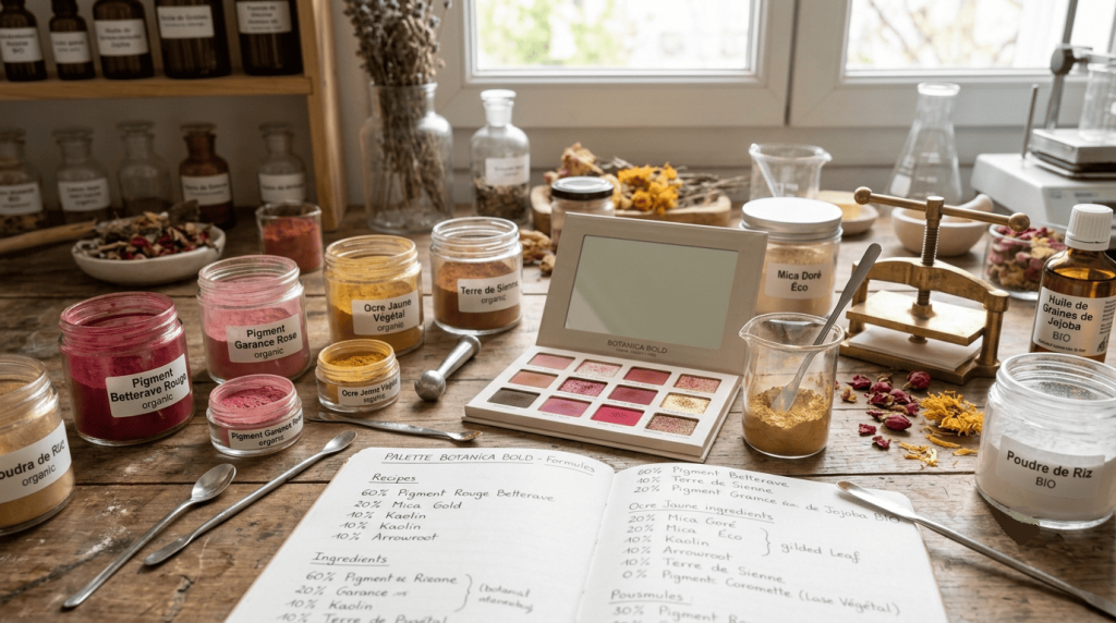 Pigments cosmétiques et matériel de formulation disposés sur une table