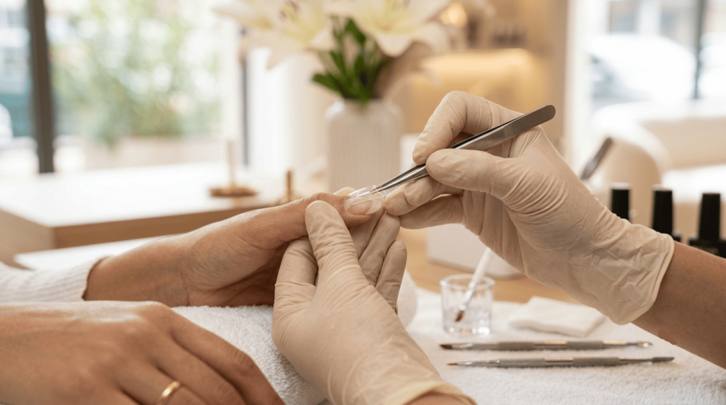 Application d'une capsule de faux ongle vegan sur un ongle naturel.