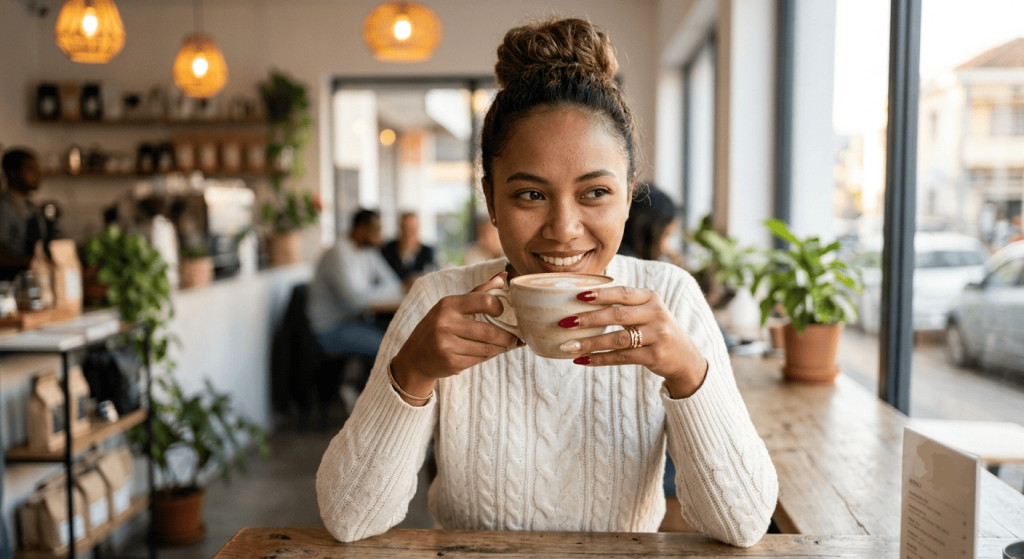 Femme tenant une tasse mettant en valeur une manucure avec des faux ongles vegan.