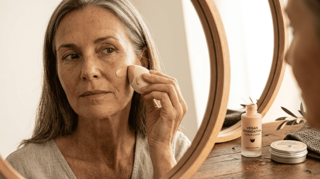 Une femme applique un fond de teint vegan à l'aide d'une éponge de maquillage devant un miroir.