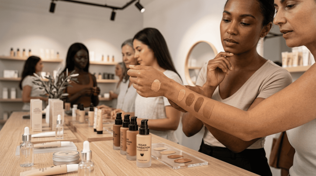 Une cliente teste plusieurs teintes de fond de teint vegan sur le dos de sa main dans un magasin de cosmétiques.