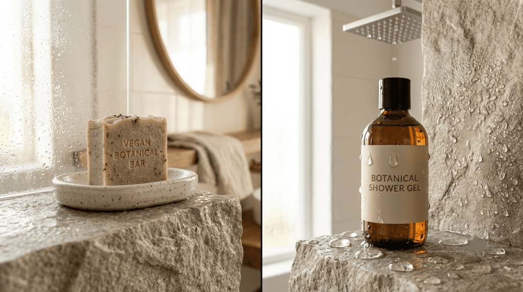 Comparaison entre un gel douche vegan liquide et un savon solide dans une douche moderne.