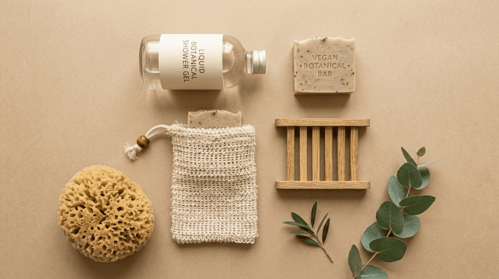 Présentation d'un gel douche liquide vegan, d'un savon solide et d'accessoires de salle de bain écologiques.