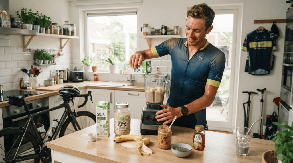 Un cycliste prépare un smoothie vegan avec une boisson de soja, des flocons d'avoine, une banane, du beurre de cacahuète et des graines de chia.
