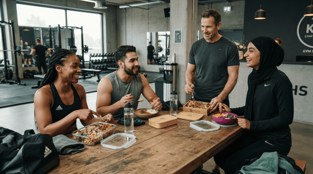 Plusieurs sportifs échangent dans une salle de sport autour de lunch boxes contenant des repas vegan équilibrés.