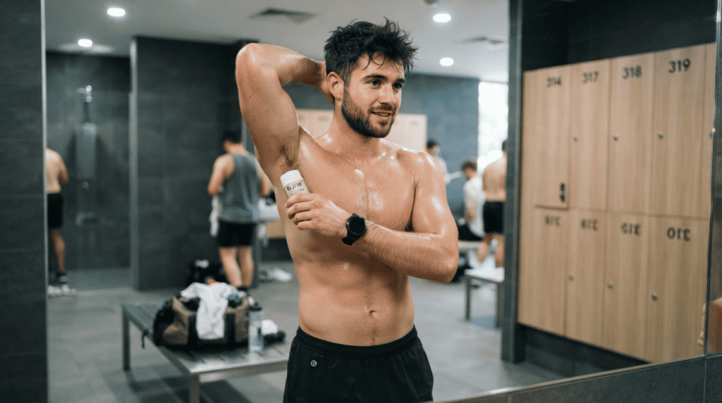 Un homme applique un déodorant vegan après une séance de sport dans un vestiaire moderne.
