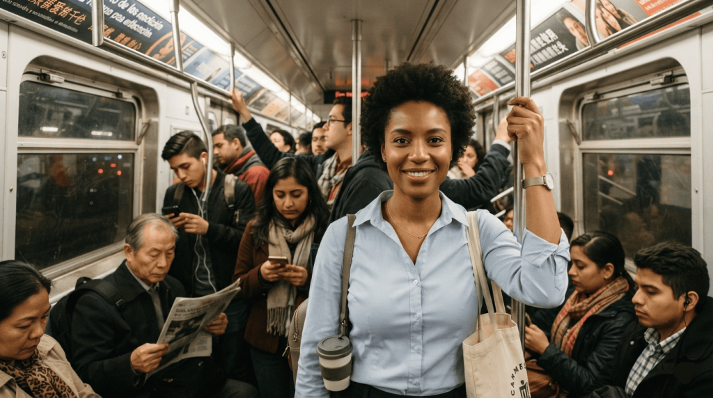 Une femme souriante se déplace dans les transports en commun après avoir utilisé un déodorant vegan.