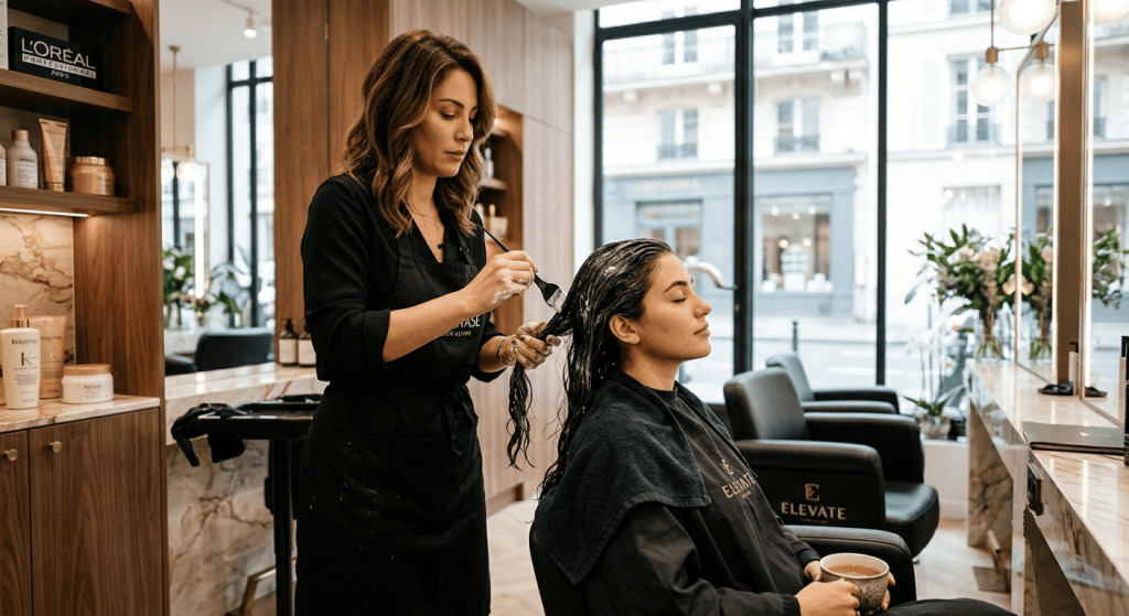 Coiffeuse réalisant un masque capillaire sur une cliente dans un salon de coiffure.