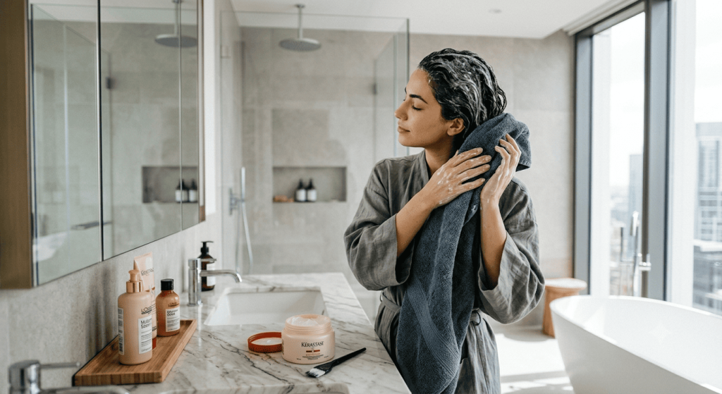 Femme appliquant un masque capillaire vegan sur ses cheveux dans une salle de bain.