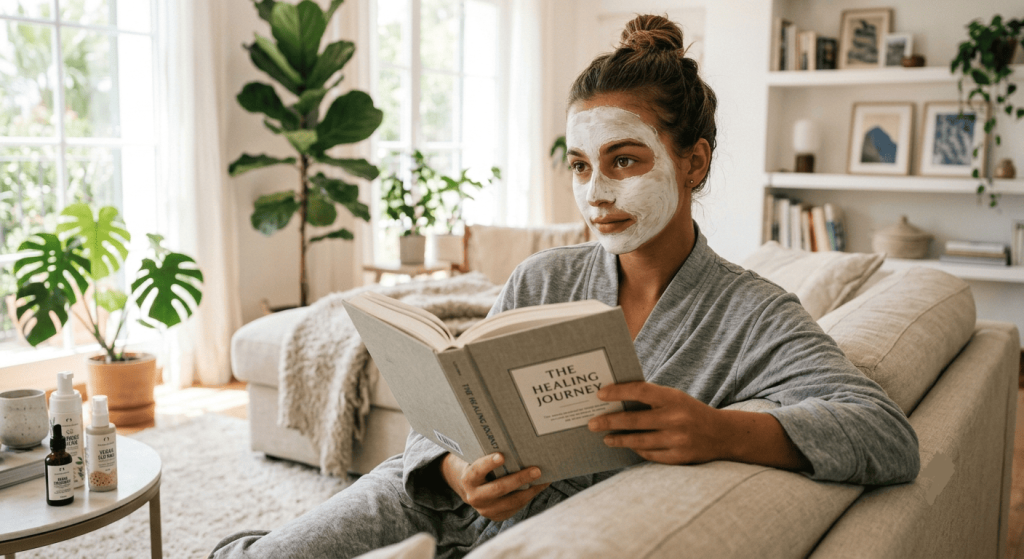 Femme portant un masque visage tout en lisant dans un salon lumineux.