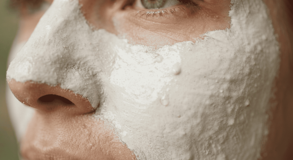 Gros plan sur un masque visage appliqué uniformément sur une peau naturelle.