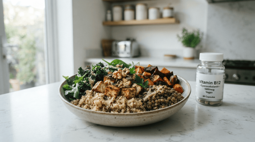 Un repas vegan équilibré composé de tofu, lentilles, quinoa et légumes est présenté à côté d'un complément en vitamine B12.