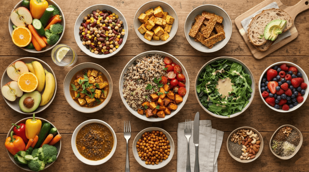 Différents bol contenant des repas vegan variés