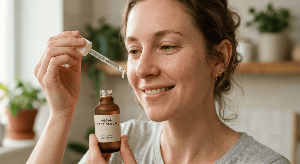 Gros plan sur une personne appliquant quelques gouttes de sérum visage vegan à l'aide d'une pipette.