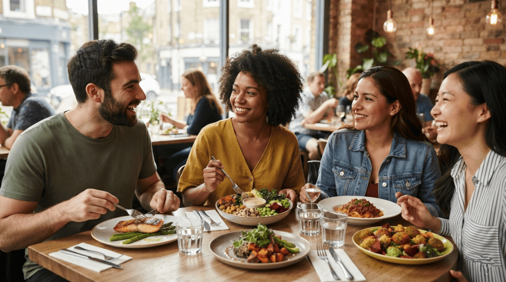 Un groupe d'amis échange autour d'un repas au restaurant, avec un plat vegan coloré au centre de la discussion.