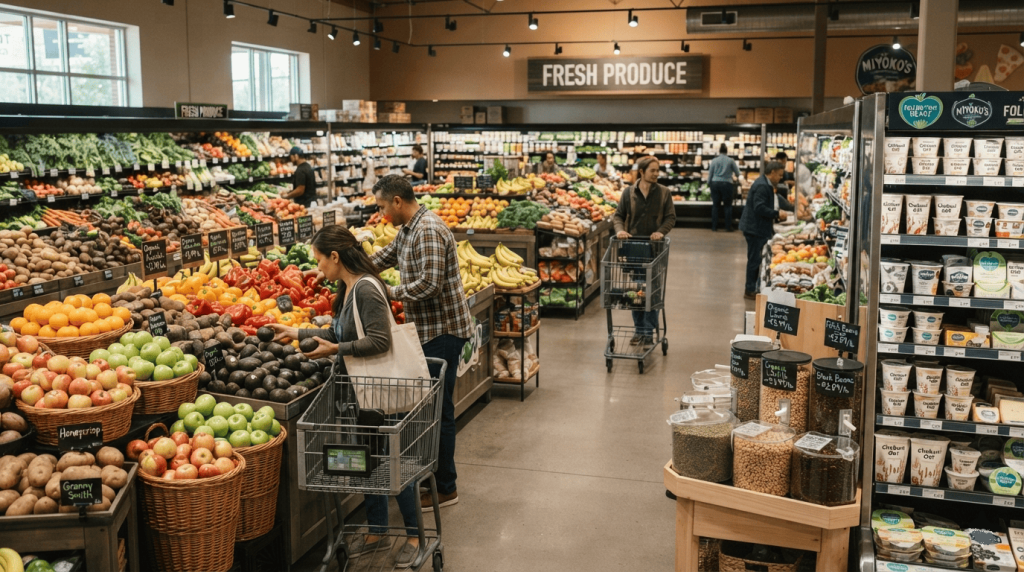 Des clients parcourent le rayon fruits, légumes et produits végétaux d'un supermarché moderne.