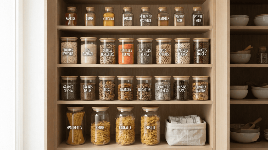 Placard de cuisine parfaitement organisé avec des bocaux contenant les principaux aliments de base d'une alimentation vegan.