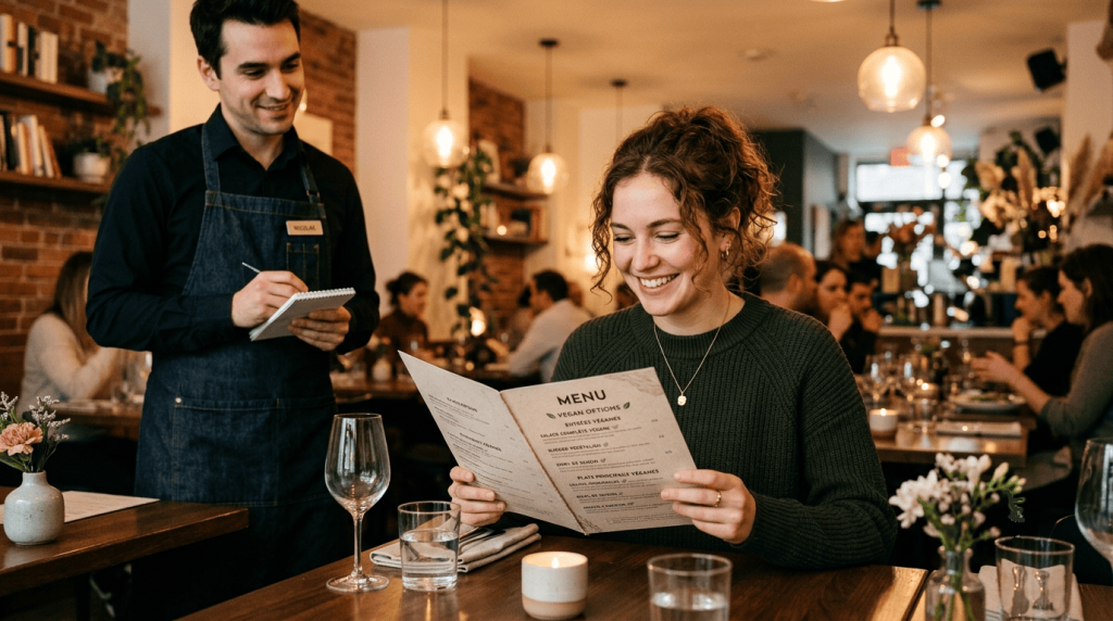 Une cliente consulte un menu de restaurant proposant plusieurs plats vegan.