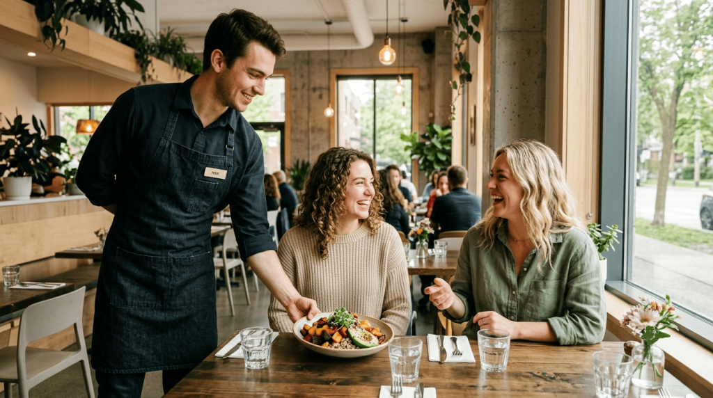 Un serveur apporte une assiette vegan à deux personnes installées dans un restaurant moderne.