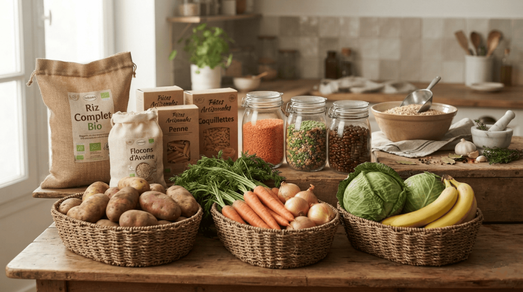 Sélection d'aliments vegan économiques comme le riz, les lentilles, les haricots, les pommes de terre et les légumes frais disposés sur une table.