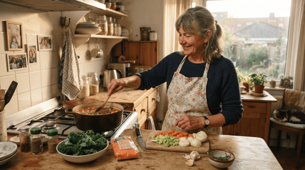Une femme cuisine un repas vegan simple à base de lentilles et de légumes dans une cuisine chaleureuse.