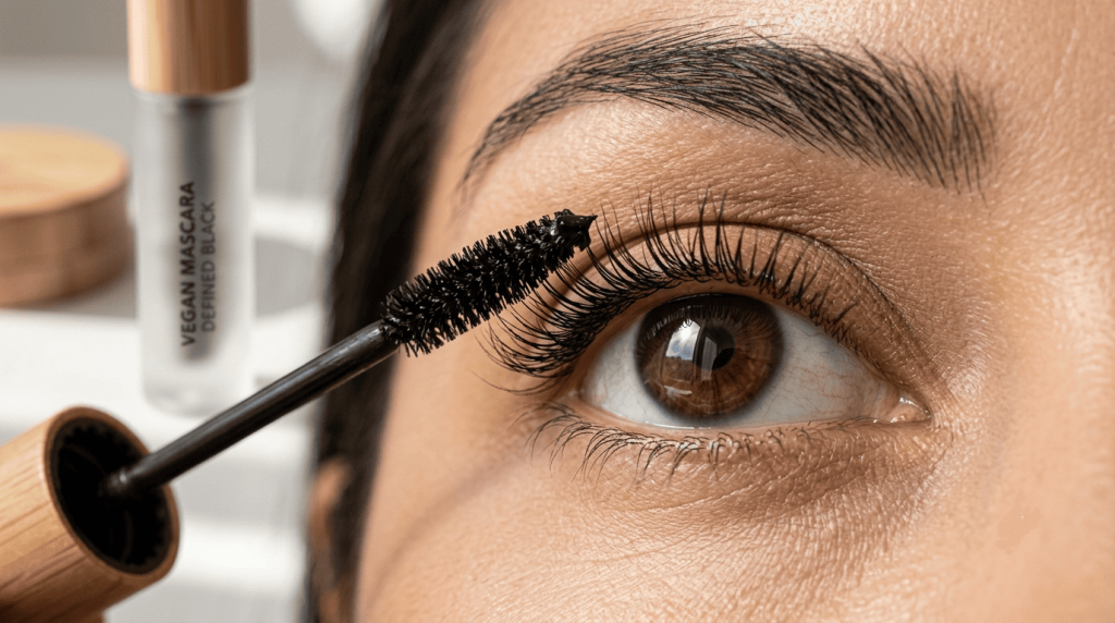Gros plan sur une femme appliquant un mascara vegan mettant en valeur ses cils.