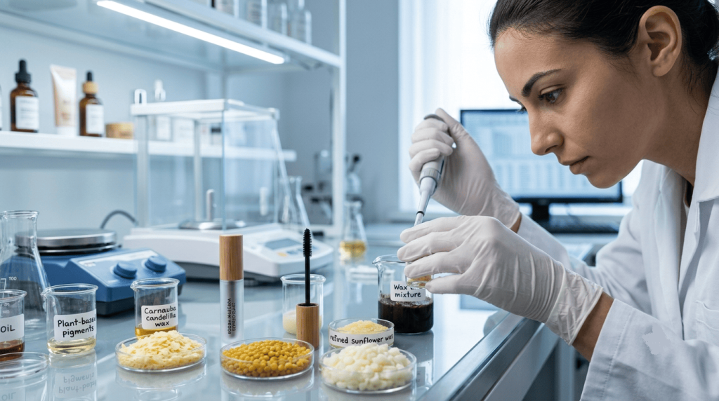 Une chercheuse analyse les ingrédients d'un mascara vegan dans un laboratoire de cosmétique.