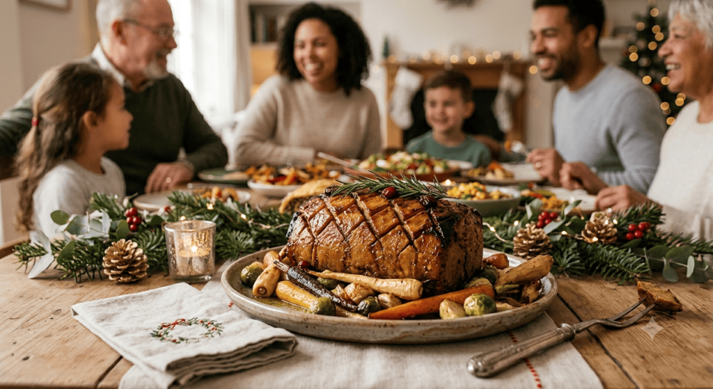 Une table de fête décorée pour Noël présente exclusivement des plats vegan, dont un rôti végétal, des légumes rôtis, une purée de patate douce, des champignons et des desserts végétaux.