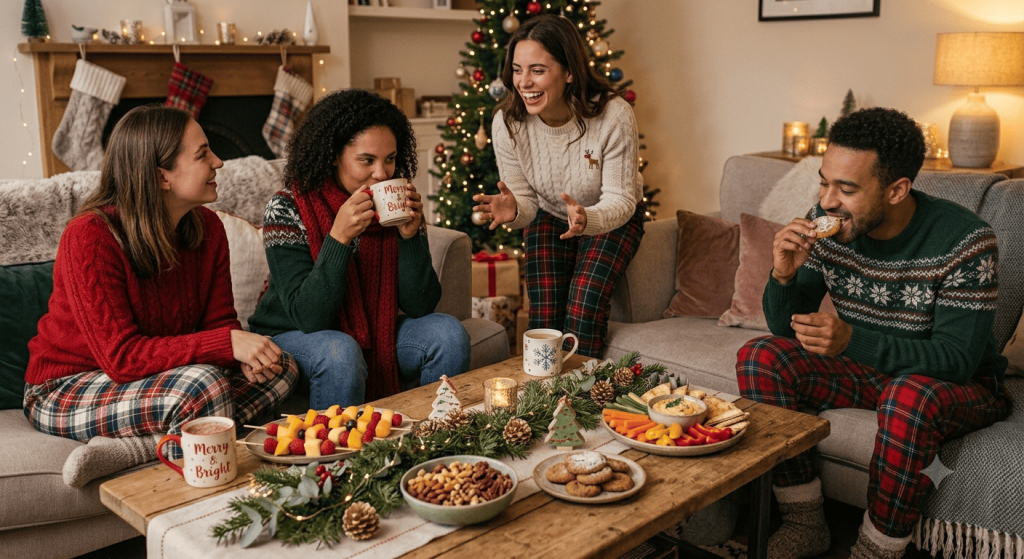 Un groupe d'amis pendant les festivités de noel, collations vegan et boisson vegan