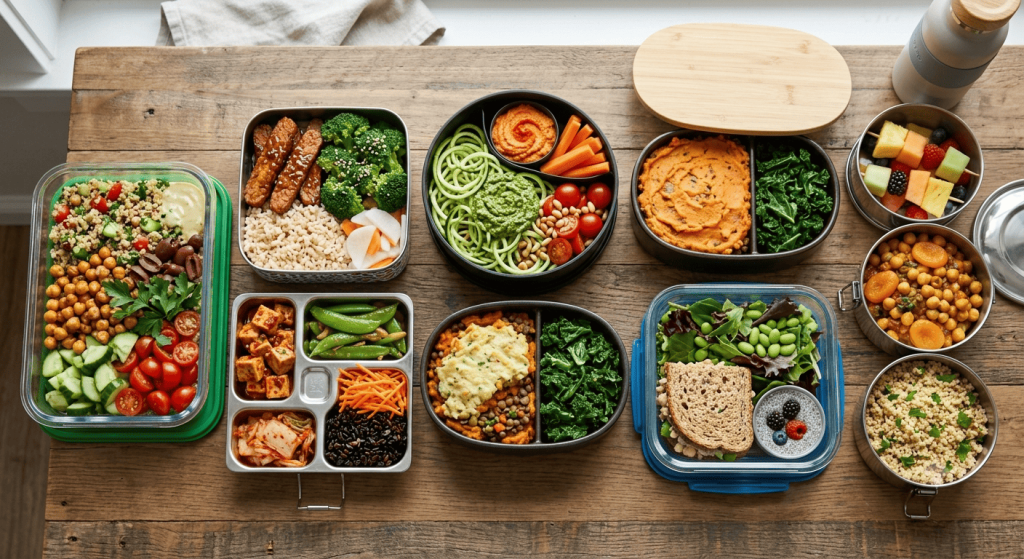 Sept lunch boxes différentes sont alignées et contiennent chacune un repas vegan varié et équilibré.