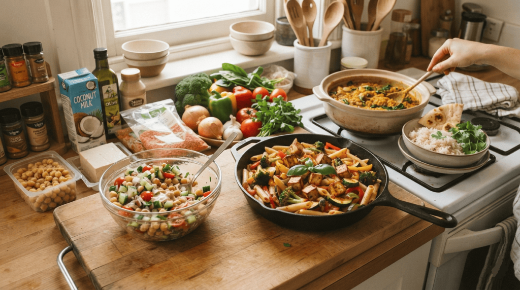 Trois recettes vegan faciles sont présentées sur un plan de travail : une salade de pois chiches, des pâtes aux légumes et au tofu ainsi qu'un curry de lentilles.