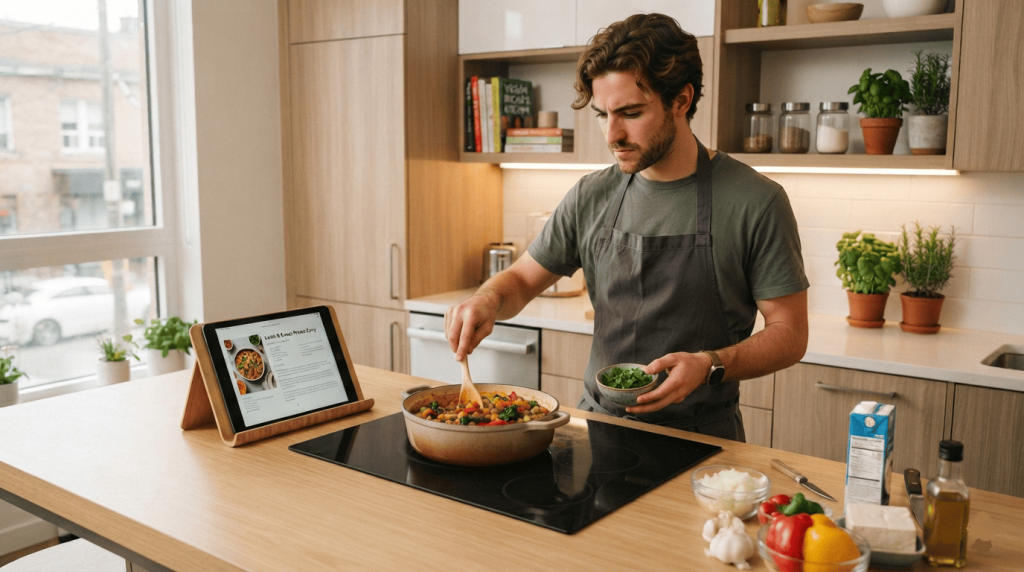 Un jeune adulte consulte une recette vegan sur une tablette tout en préparant son repas dans une cuisine.