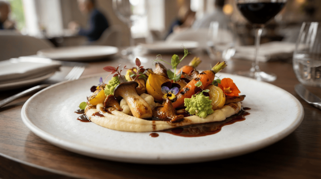 Assiette gastronomique vegan soigneusement dressée avec des légumes de saison, des champignons et des fleurs comestibles.