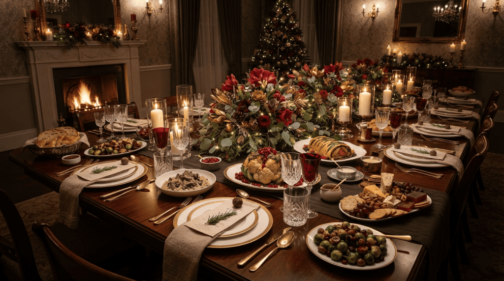 Table élégamment dressée pour un repas de fête vegan avec une décoration raffinée et plusieurs plats gastronomiques.