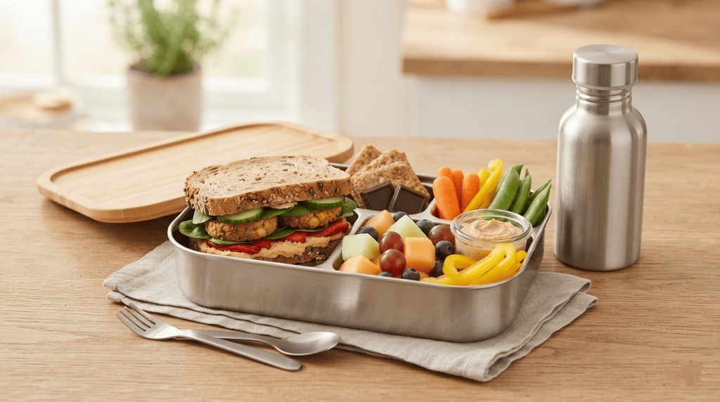Boîte repas pour enfant contenant un menu vegan avec sandwich, fruits, légumes et gourde réutilisable.