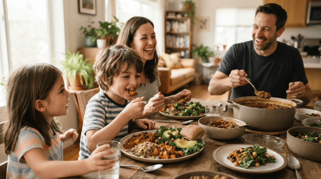 Enfant partageant un repas vegan équilibré en famille autour de la table.
