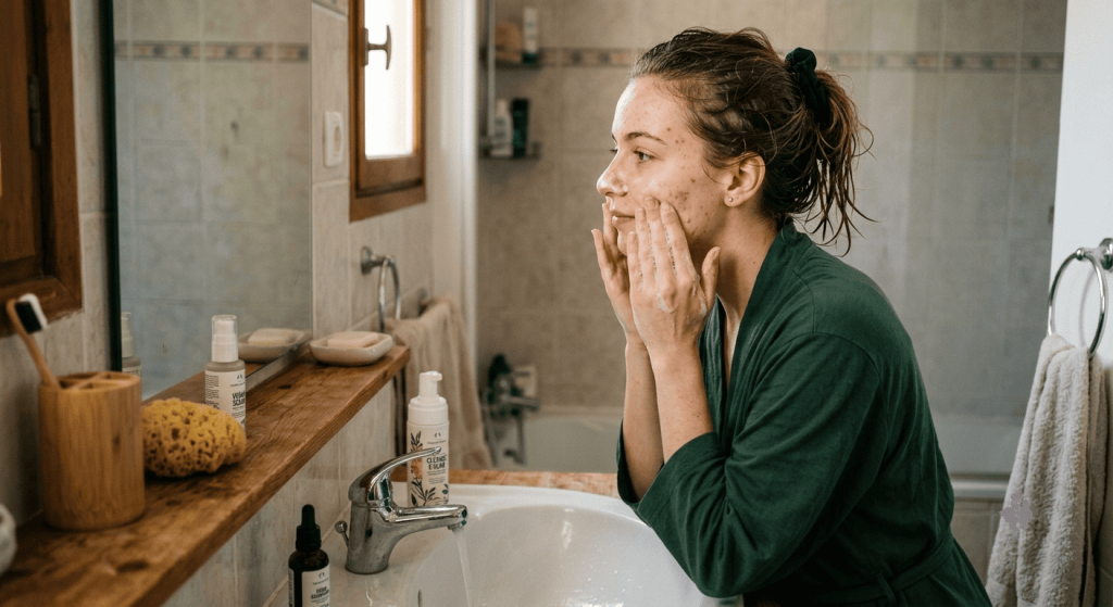 Jeune adulte appliquant un nettoyant visage vegan sur une peau présentant quelques imperfections.