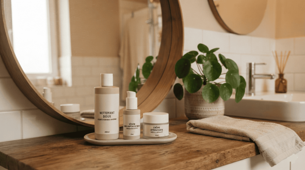 Produits de routine pour peau acnéique disposés sur un lavabo dans une salle de bain.